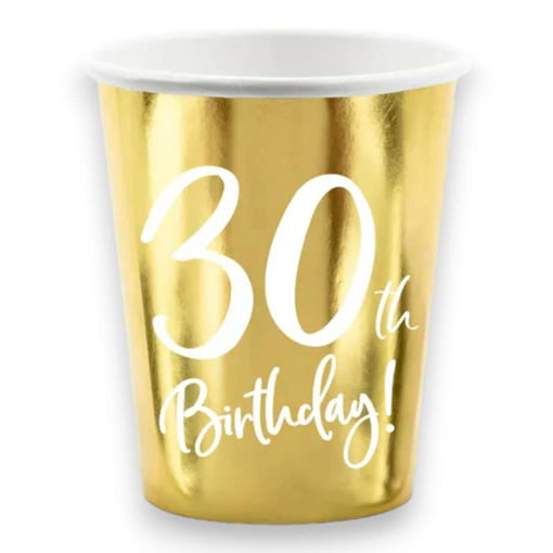Picture of 30TH BIRTHDAY GOLD PAPER CUPS 220ML - 6 PACK